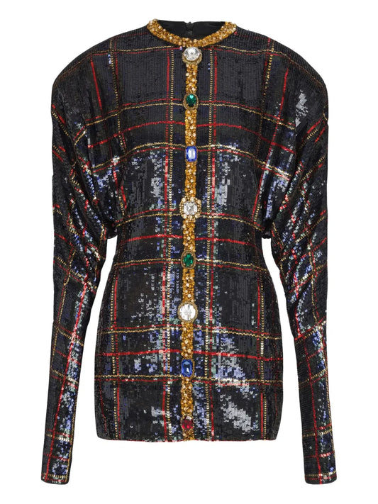 Balmain Sequin Embellished Plaid Dress — Black — Size XS — Front View