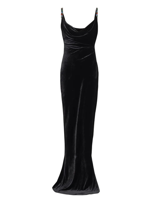 Balmain Jewel Embellished Velvet Dress — Black — Size S — Front View