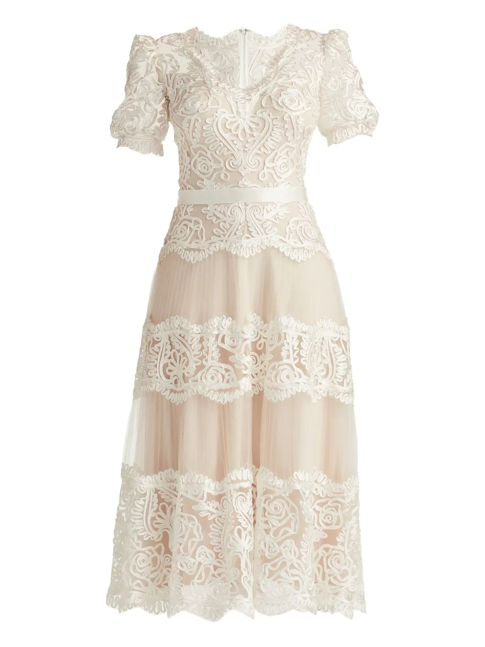 Tadashi Shoji Belline Lace Ribbon Midi Dress — Ivory — Size XS — Front View