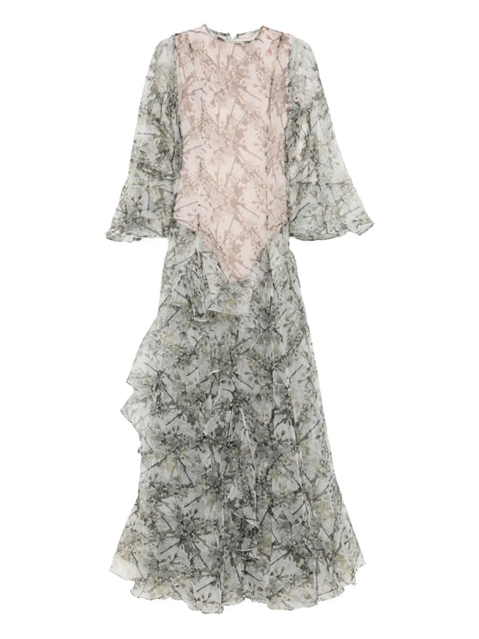 Miau By Clara Rotescu Ruffled Effect Floral Print Maxi Dress — Grey/ Red — Size XS — Front View