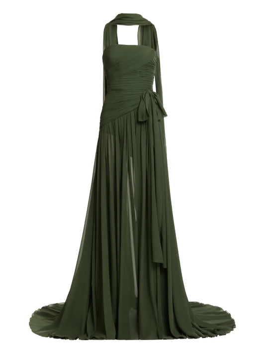 Elie Saab Ruched Tie Maxi Dress — Green — Size XS — Front View
