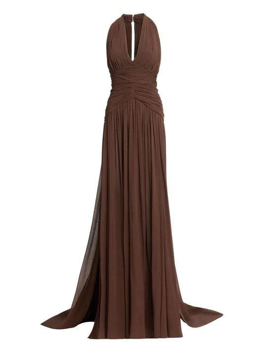 Elie Saab Halterneck Ruched Maxi Dress — Brown — Size M — Front View