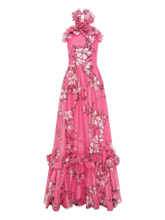 Leo Lin Isabelle Ruffled Floral Maxi Dress — Red/ Pink — Size XS — Front View