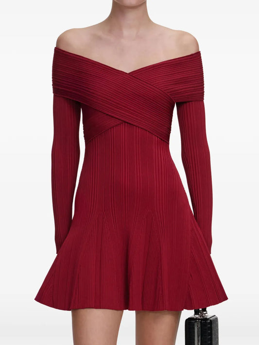 Self Portrait Ribbed Knit Mini Dress — Red — Size XS — Front View