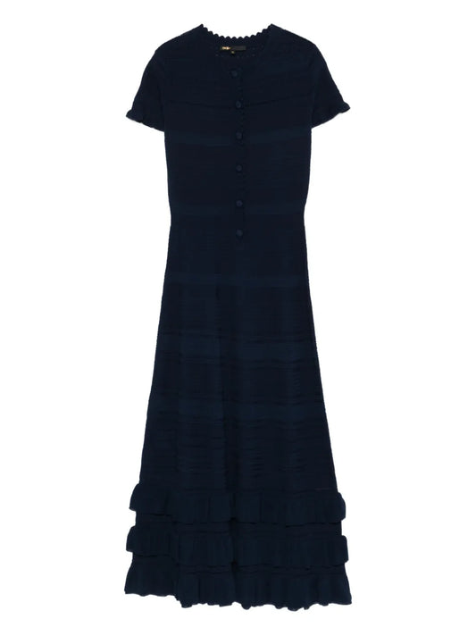 Maje Short Sleeve Knitted Midi Dress — Navy — Size S — Front View