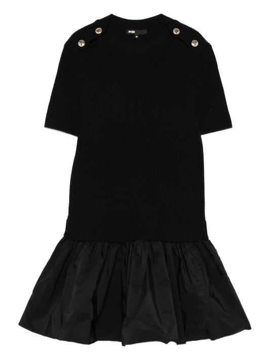 Maje Bubble Hem Short Sleeve Mini Dress — Black — Size S — Front View