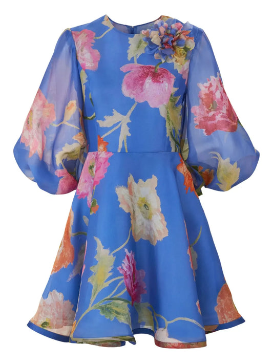 Carolina Herrera Poppy Print Organza Mini Dress — Blue — Size XS — Front View