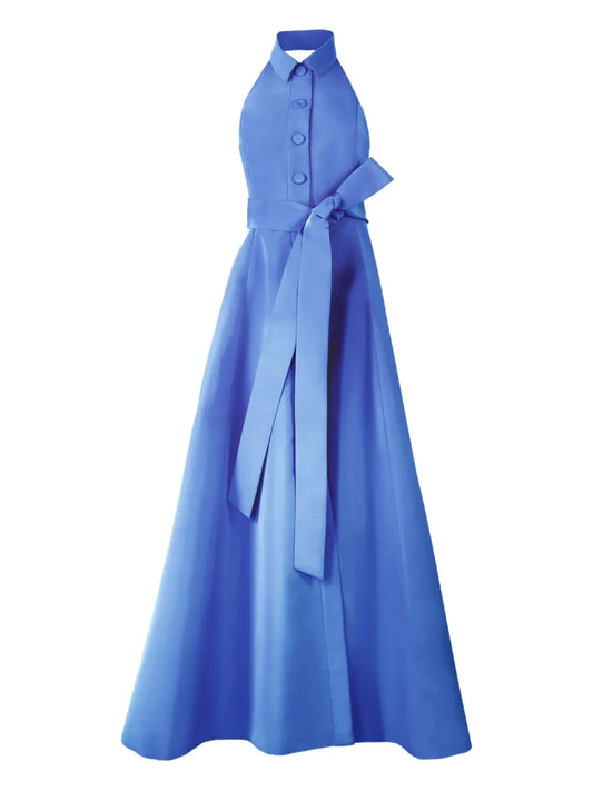 Carolina Herrera Halterneck Gown With Sash — Blue — Size XS — Front View