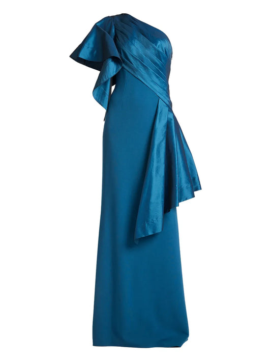 Tadashi Shoji Asymmetric Neck Ruffled Maxi Dress — Blue — Size XS — Front View