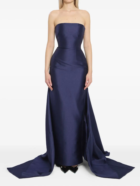 Solace London Imani Double Train Maxi Dress — Blue/ Navy — Size XS — Front View