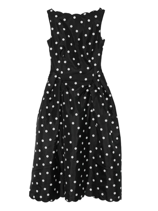 Stine Goya Polka Dot Scalloped Midi Dress — Black/ Red — Size XS — Front View
