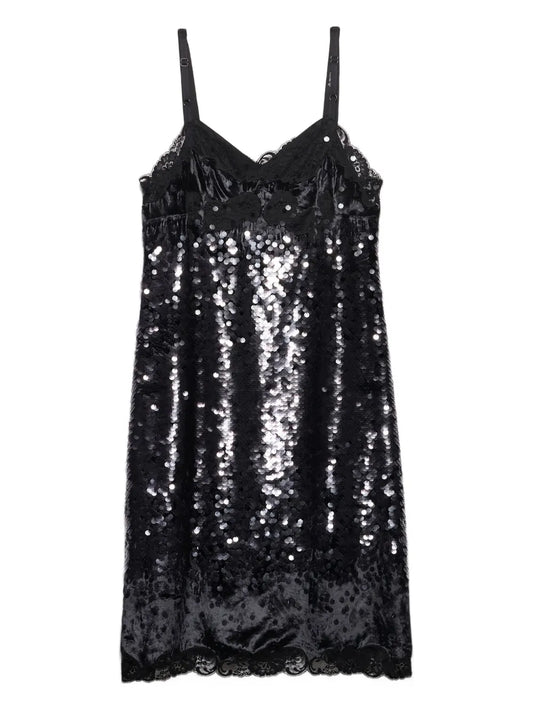 Prada Sequinned Lace Trim Velvet Midi Dress — Black — Size XS — Front View