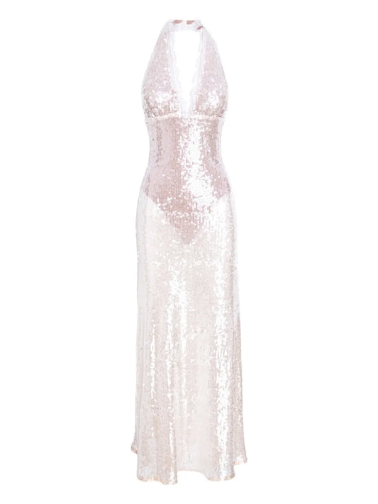 Manuri Pixie Sequin Embellished Halterneck Maxi Dress — Pink — Size XS — Front View