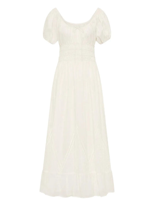 Faithfull The Brand Sunniva Puffed Sleeve Midi Dress — White/ Red — Size XS — Front View