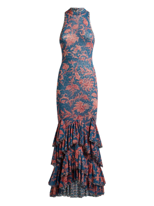 Etro Floral Print Ruffled Dress — Blue/ Red — Size XS — Front View