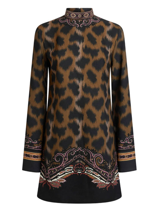 Etro Animal Print Tunic Dress — Brown — Size XS — Front View