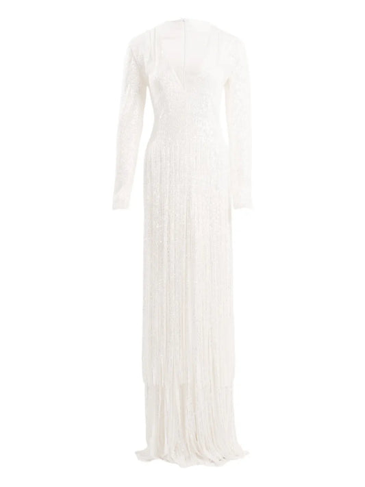 Ana Radu Fringe Detailed Maxi Dress — White — Size XS — Front View