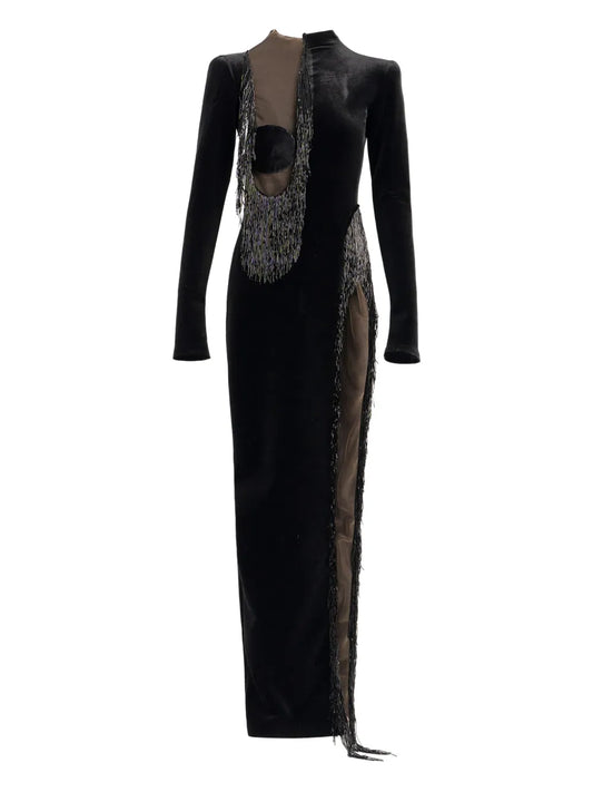 Ana Radu Fringe Detailed Side Slit Maxi Dress — Black — Size XS — Front View