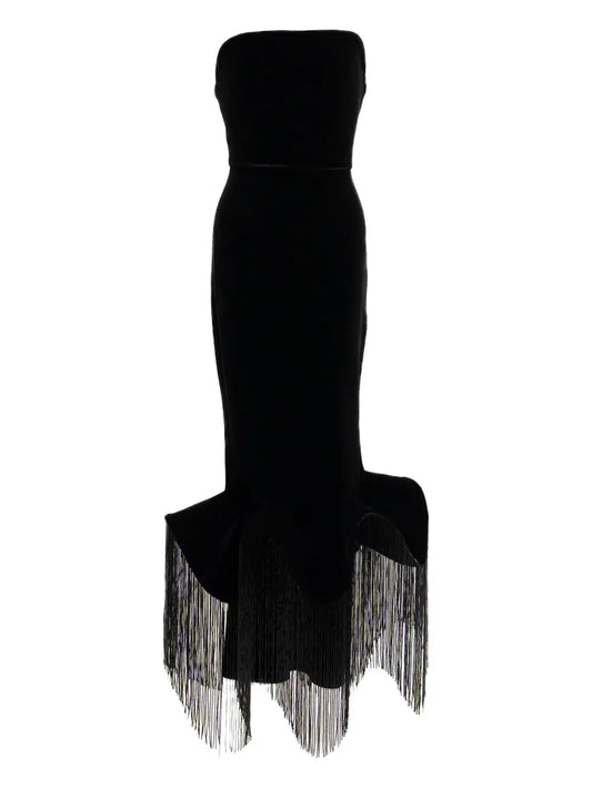 Ana Radu Fringed Hem Strapless Midi Dress — Black — Size S — Front View