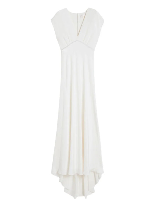 Max Mara Burano V Neck Embellished Maxi Dress — White — Size XS — Front View