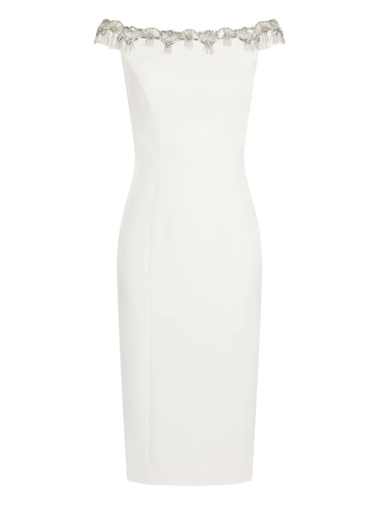 Jenny Packham Valorie Off Shoulder Midi Dress — White — Size S — Front View