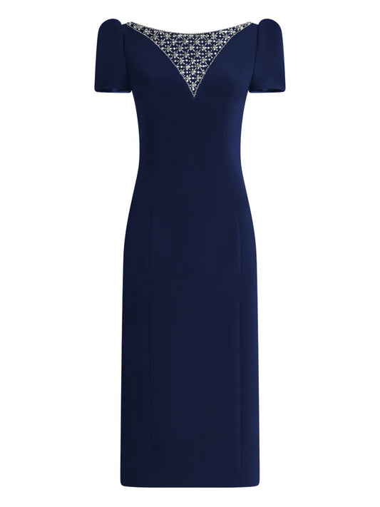 Jenny Packham Vienna Embellished Short Sleeved Midi Dress — Blue — Size XS — Front View