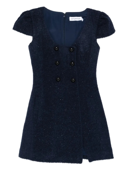 Self Portrait Buttoned Mini Dress — Blue/ Navy — Size S — Front View