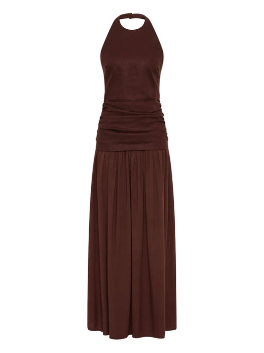 Faithfull The Brand Tali Ruched Maxi Dress — Brown — Size XS — Front View