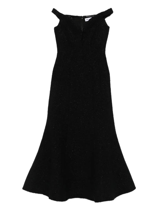 Self Portrait Off Shoulder Boucle Midi Dress — Black/ Red — Size XS — Front View