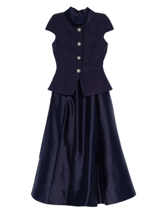 Self Portrait Boucle Effect Tailored Midi Dress — Blue/ Navy/ Red — Size XS — Front View