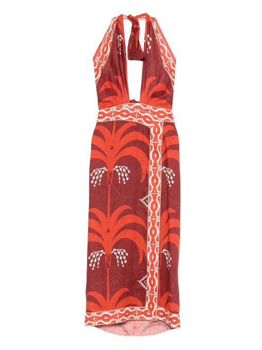 Johanna Ortiz Buen Viento Printed Halterneck Dress — Red — Size M — Front View
