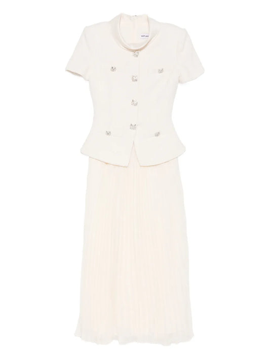 Self Portrait Panelled Midi Dress — White/ Cream — Size L — Front View