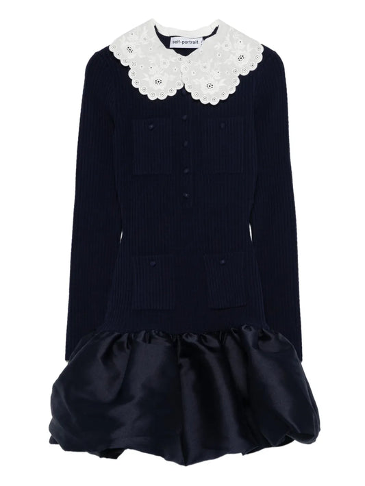 Self Portrait Scalloped Collar Pocket Mini Dress — Blue/ Navy — Size XS — Front View