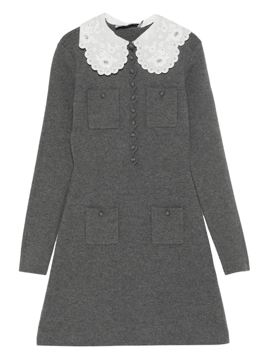 Self Portrait Lace Collar Pocket Mini Dress — Grey — Size XS — Front View