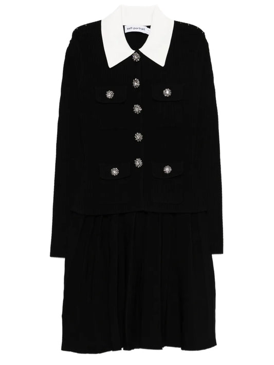 Self Portrait Embellished Collared Mini Dress — Black/ White/ Red — Size S — Front View