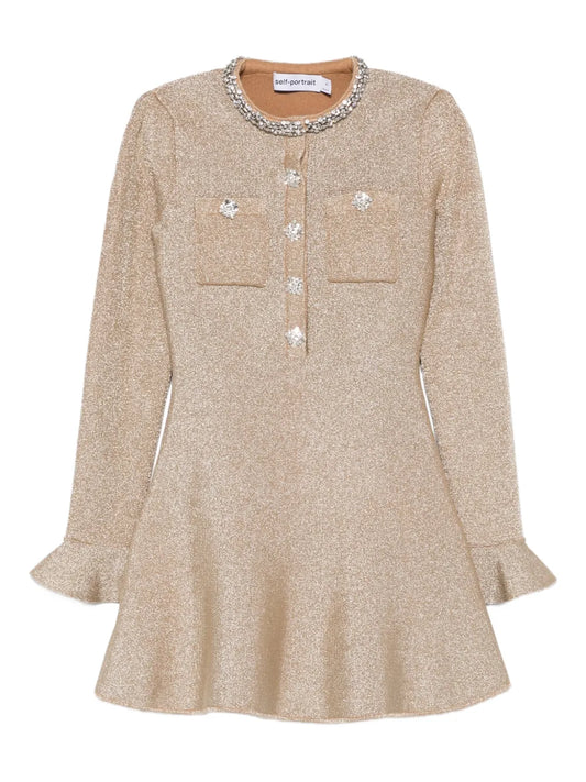 Self Portrait Embellished Ruffled Mini Dress — Gold — Size XS — Front View