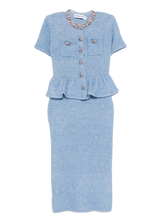 Self Portrait Peplum Knitted Midi Resses — Blue — Size XS — Front View