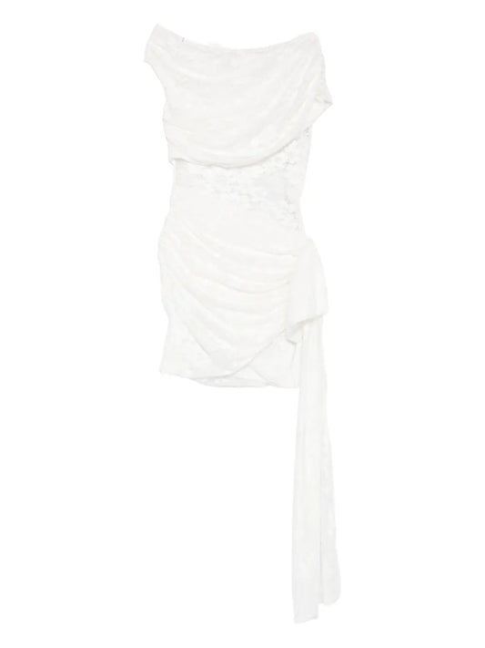 Self Portrait Lace Draped Mini Dress — White/ Red — Size XS — Front View