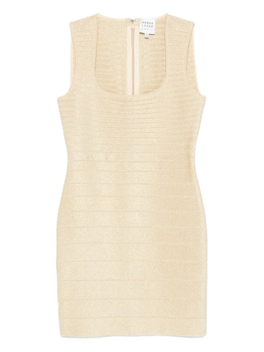 Herve Leger Mirabel Ribbed Mini Dress — Gold — Size S — Front View