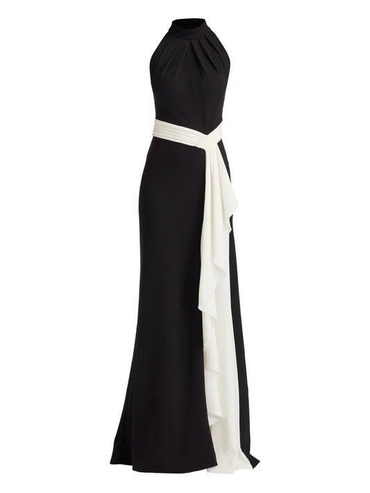 Tadashi Shoji Halterneck Draped Gown — Black — Size M — Front View