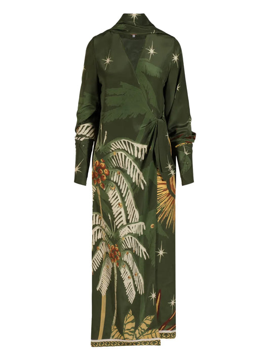 Johanna Ortiz Wrap Printed Maxi Dress — Green — Size XS — Front View