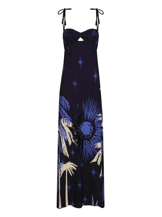 Johanna Ortiz Dancing With The Shadows Tie Strap Printed Dress — Blue/ Navy — Size XS — Front View