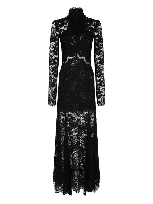 Rabanne Long Sleeves Lace Maxi Dress — Black — Size S — Front View
