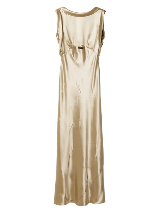 Miu Miu Scoop Back Satin Effect Maxi Dress — Beige/ Red — Size XS — Front View