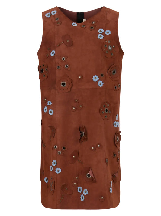 Marni Daisy Applique Studded Mini Dress — Brown — Size XS — Front View