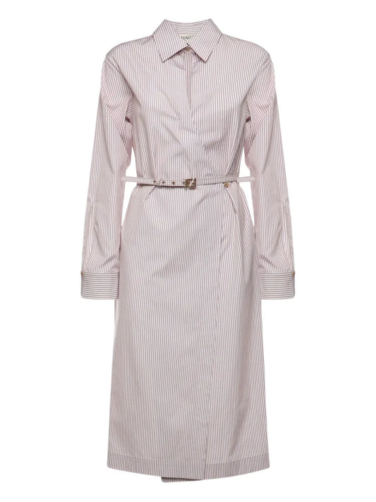 Fendi Striped Belted Midi Dress — Beige — Size M — Front View