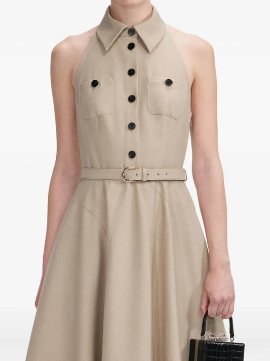 Self Portrait Collared Belted Mini Dress — Beige/ Red — Size S — Front View
