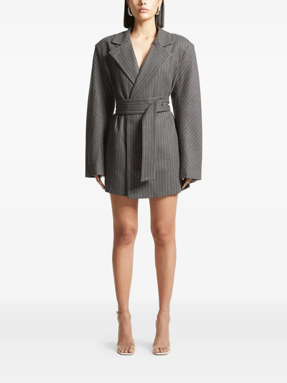 Maniere De Voir Pinstriped Blazer Mini Dress — Grey — Size S — Front View