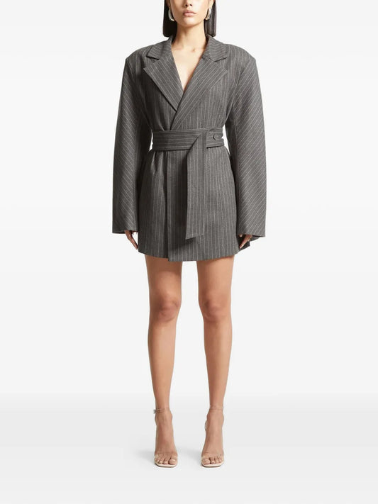 Maniere De Voir Pinstriped Blazer Mini Dress — Grey — Size S — Front View