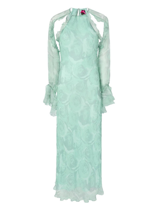 Pinko Ruffled Floral Silk Dress — Green/ Pink — Size XS — Front View